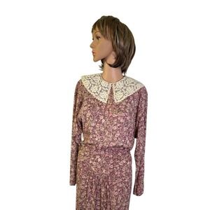All That Jazz Vintage Floral Print Lace Collar Dress Size S Retro Prairie BOHO